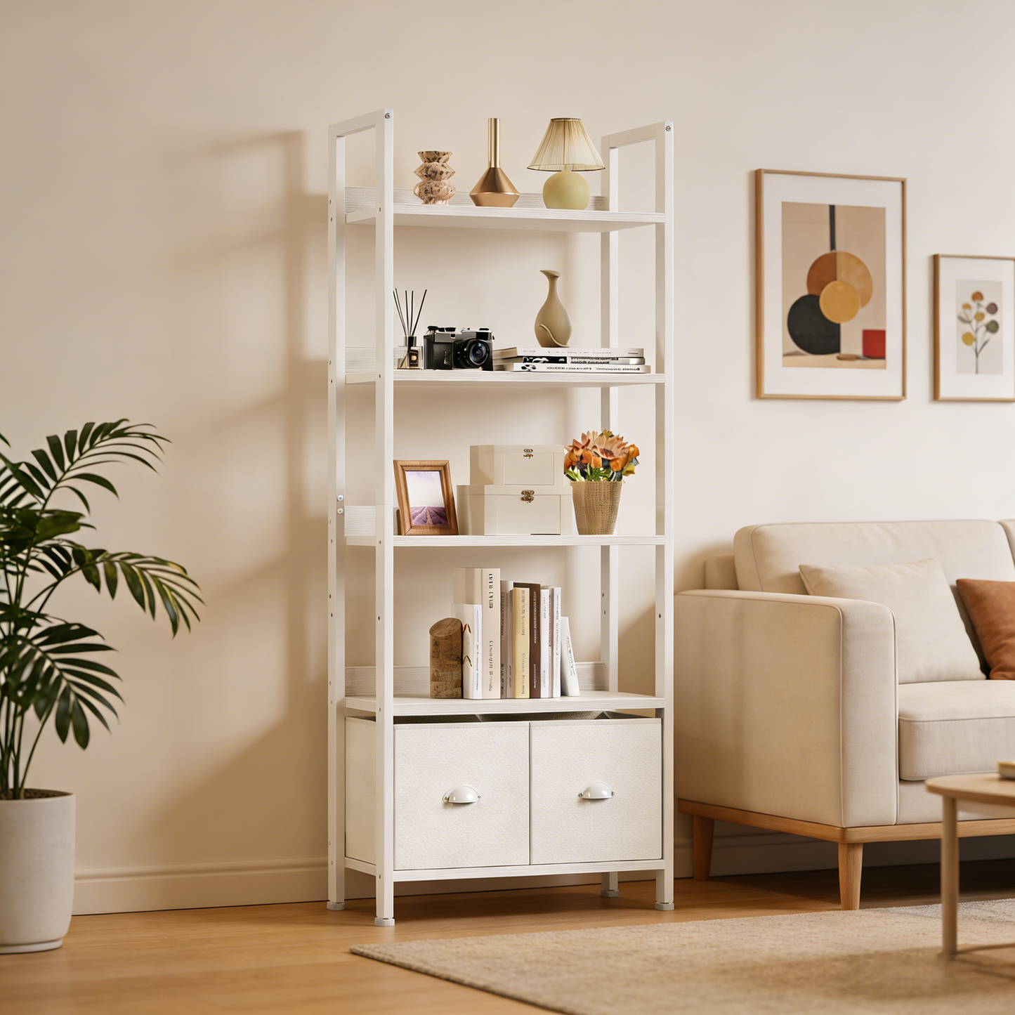 Satifur 5 Tier White Modern Bookshelf, Space-Saving Storage Rack with 2 Removable Drawers, Sturdy Structure for Bathroom, Home Office