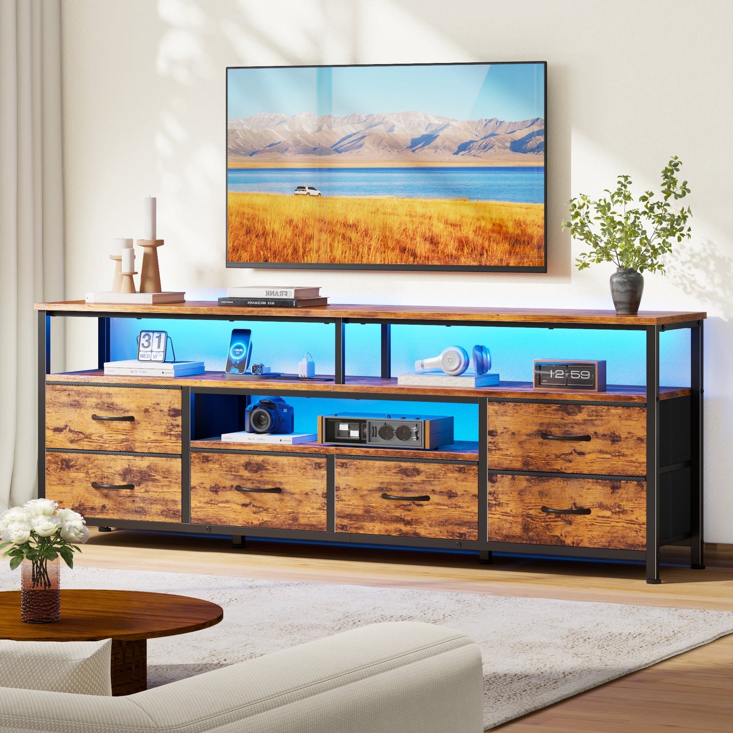 Tydimor 63 Inch TV Stand with LED Lights & Charging Power Station, 6 Fabric Drawer Dresser, Multifunctional Media Console, Sideboard Storage Cabinet, Entryway Hallway Table Fits 32-70 Inch TV