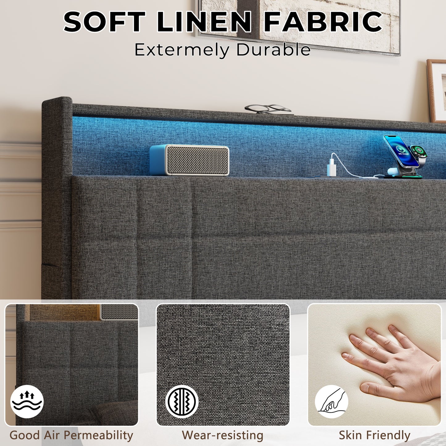 Satifur Queen Bed Frame with Charging Station, Queen Upholstered Rivet Storage Headboard Platform Beds, Noise-Free, Easy Assembly, Dark Grey
