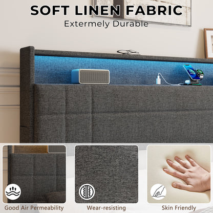 Satifur Queen Bed Frame with Charging Station, Queen Upholstered Rivet Storage Headboard Platform Beds, Noise-Free, Easy Assembly, Dark Grey