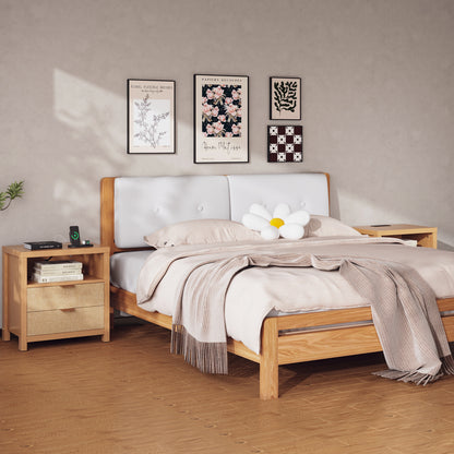 Satifur Nightstand Set of 2 with Rattan Style Finish & Charging Station, 2-Drawer Bedside Table with Open Shelf, for Bedroom Living Room, Natural Oak