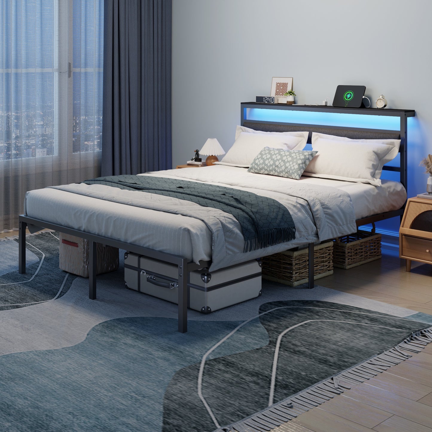 Tydimor Queen Size Bed Frame with USB Charging Station, LED Lights & Upholstered Headboard & Shelf, Metal Black