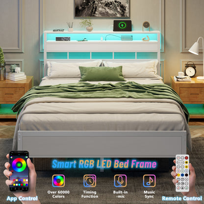 Tydimor Queen Bed Frames with Wood Headboard & 2-Tier Storage Shelves, Queen Size Platform Bed with Charging Station and LED Lights, No Box Spring Needed, White