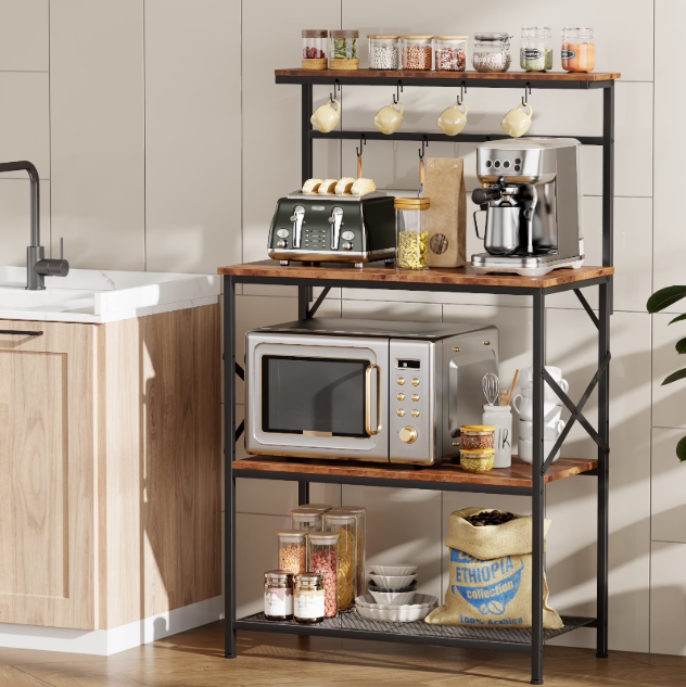 TYDIMOR Kitchen Bakers Rack with Outlets, Coffee Bar Table 4 Tiers Microwave Stand, Brown, 31.5"