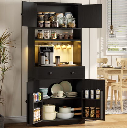 TYDIMOR Kitchen Pantry Storage Cabinet with Doors & Shelves, Wood Buffet Cabinet with Microwave Stand, Tall Hutch Cabinet for Dining Room, Black