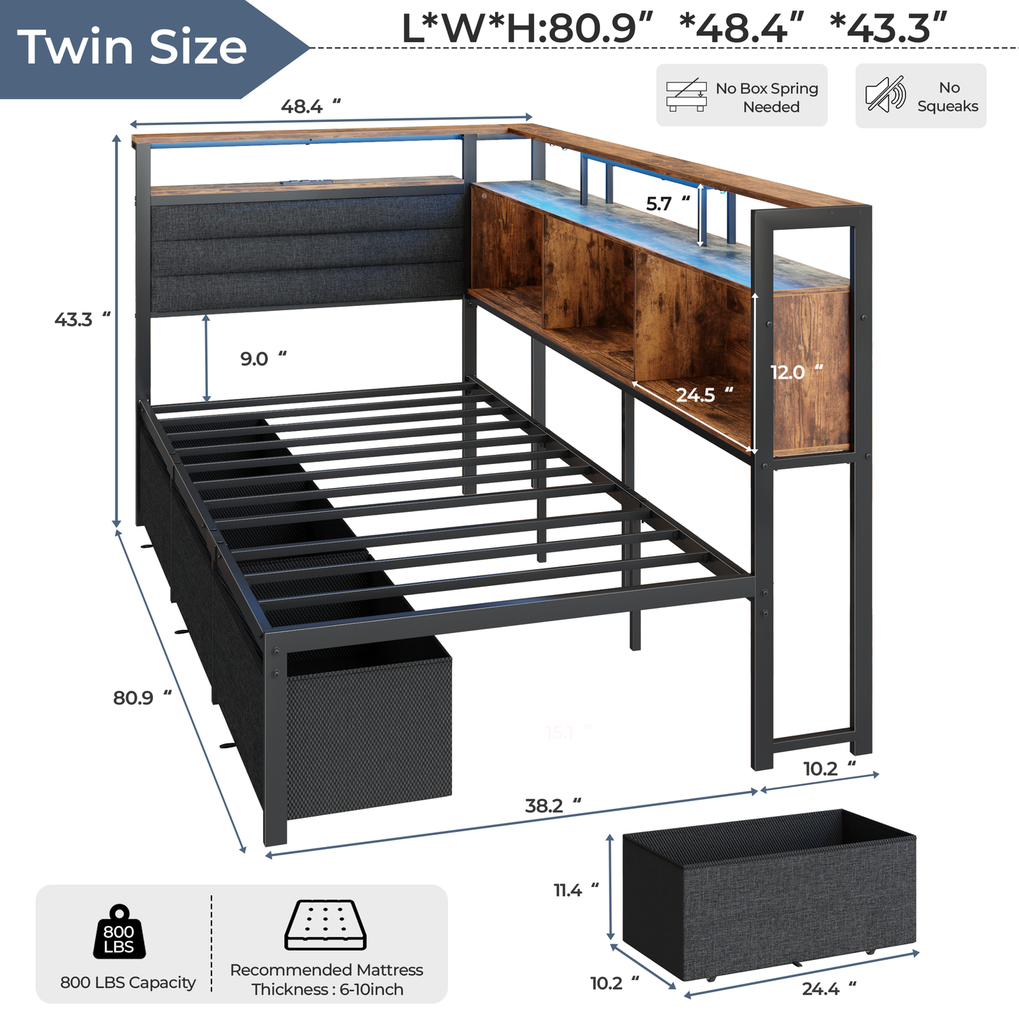 Satifur L-Shaped Corner Bed Frame with 3 Storage Drawers, 3 Cubbies & Double-Layer Shelf, LED Lights & Power Outlet, Corner Twin Beds for Living Room, Bedroom and Guest, Rustic Brown