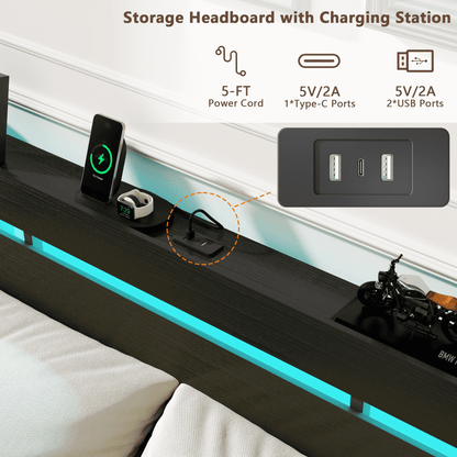 Satifur Full Size Bed Frame with 2 Drawers & LED Lights & Charging Station, Beds with Headboard & 10.10" Under Bed Storage, No Box Spring Needed, Easy Assembly, Black