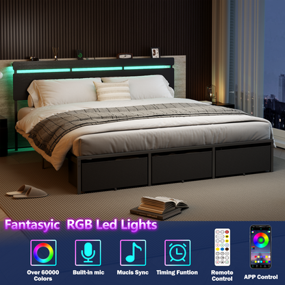 Satifur King Size Bed Frame with 3 Drawers & LED Lights & Charging Station, Beds with Headboard & 10.10" Under Bed Storage, No Box Spring Needed, Easy Assembly, Black