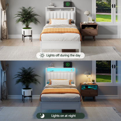 Tydimor Twin Bed Frames with LED Lights, Platform Bed with Metal Slats, Headboard with 2-Tier Storage Shelves & Charging Station, No Box Spring Needed, White