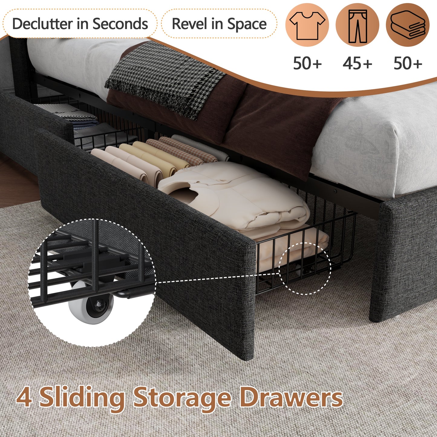 Satifur Queen Bed Frame with Charging Station, Queen Upholstered Rivet Storage Headboard Platform Beds, Noise-Free, Easy Assembly, Dark Grey