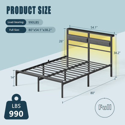 Tydimor Full Size Bed Frame with USB Charging Station, LED Lights & Upholstered Headboard & Shelf, Metal Black