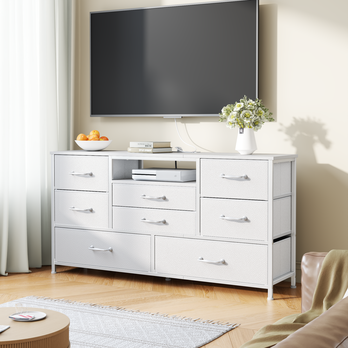 Tydimor TV Stand for TVs up to 55", Media Console for Living Room, Entertainment Center with Cabinet Storage, White