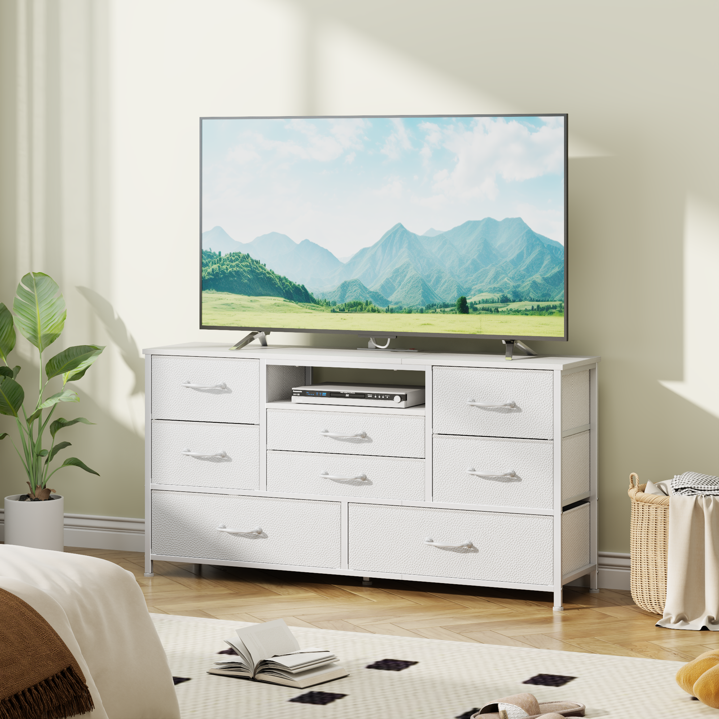 Tydimor TV Stand for TVs up to 55", Media Console for Living Room, Entertainment Center with Cabinet Storage, White