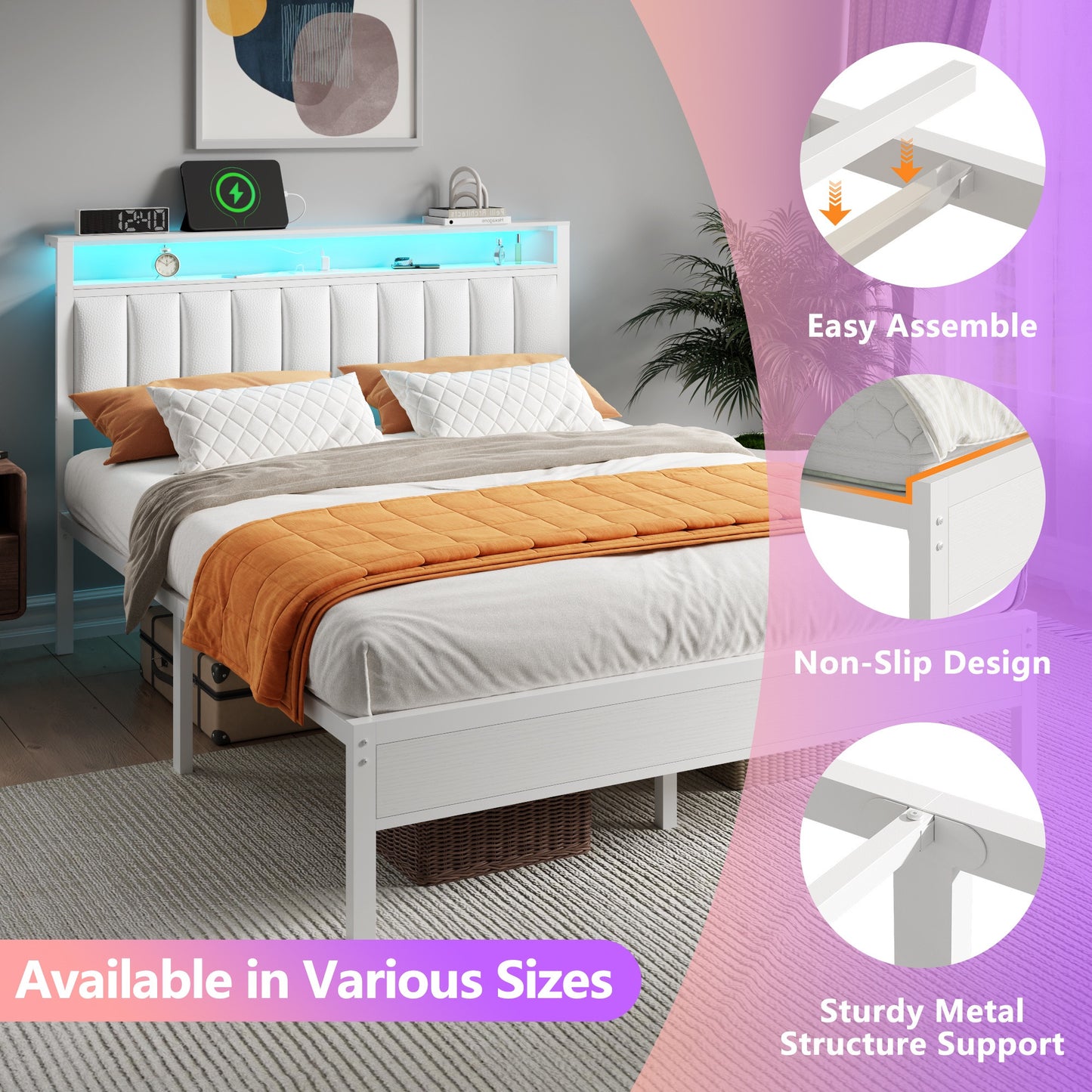 Tydimor Queen Bed Frames with LED Lights, Platform Bed with Metal Slats, Headboard with 2-Tier Storage Shelves & Charging Station, No Box Spring Needed, White