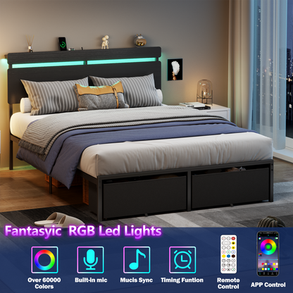 Satifur Full Size Bed Frame with 2 Drawers & LED Lights & Charging Station, Beds with Headboard & 10.10" Under Bed Storage, No Box Spring Needed, Easy Assembly, Black