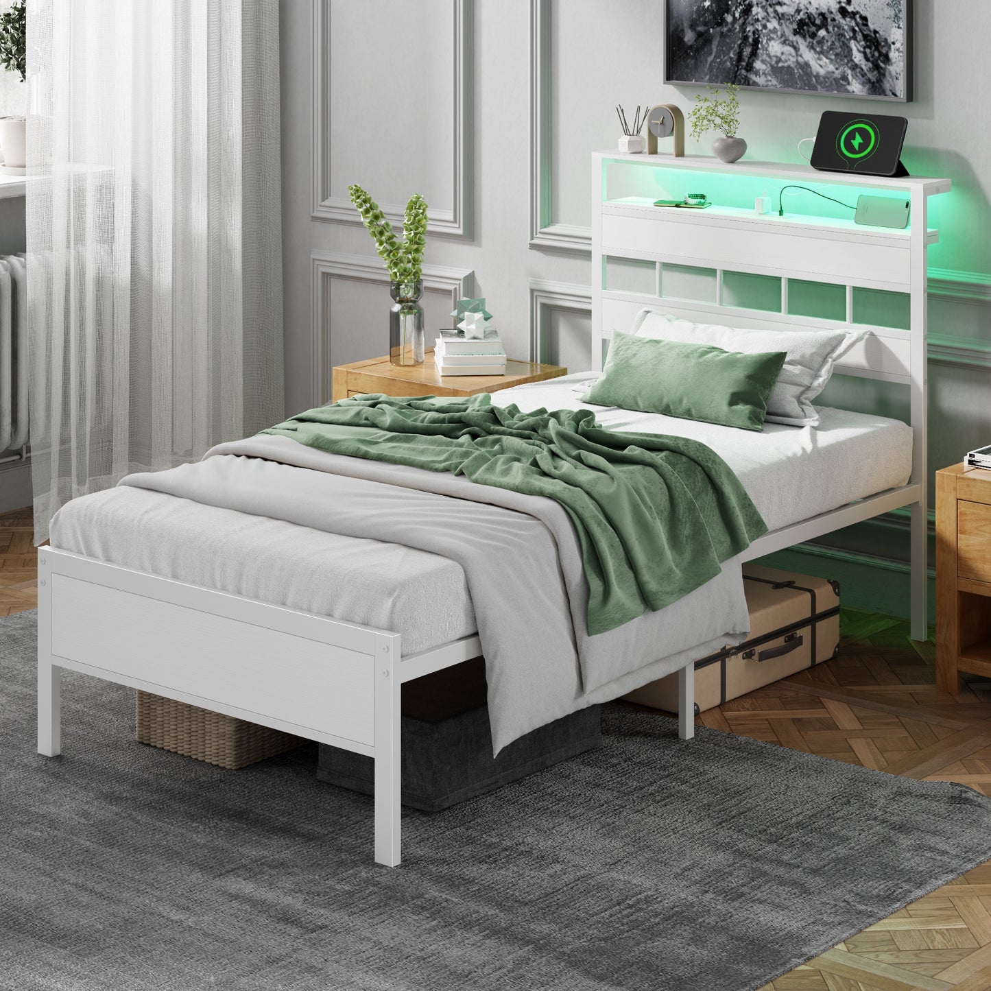 Tydimor Twin Bed Frames with Wood Headboard & 2-Tier Storage Shelves, Twin Size Platform Bed with Charging Station and LED Lights, No Box Spring Needed, White