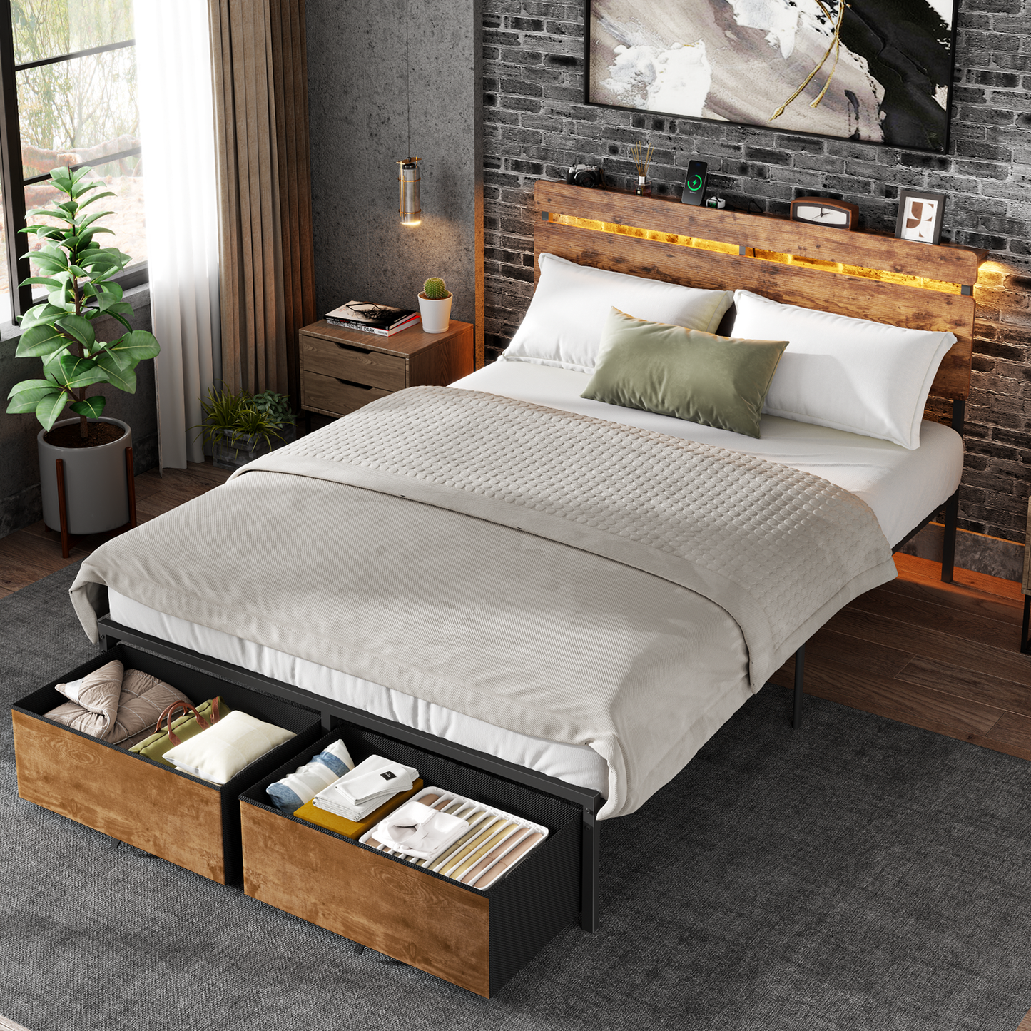 Satifur Full Size Bed Frame with 2 Drawers & LED Lights & Charging Station, Beds with Headboard & 10.10" Under Bed Storage, No Box Spring Needed, Easy Assembly, Rustic Brown