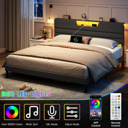 Satifur Dark Gray Bed Frame with Charge Station, King Size Bed Frame with LED Lights & Upholstered Headboard, No Box Spring Needed, Linen Fabric