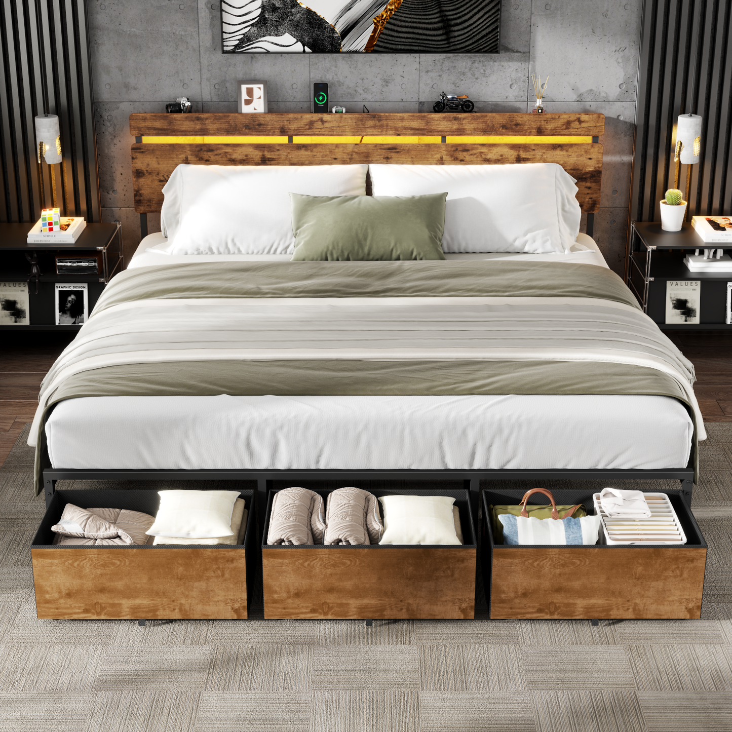 Satifur King Size Bed Frame with 3 Drawers & LED Lights & Charging Station, Beds with Headboard & 10.10" Under Bed Storage, No Box Spring Needed, Easy Assembly, Rustic Brown