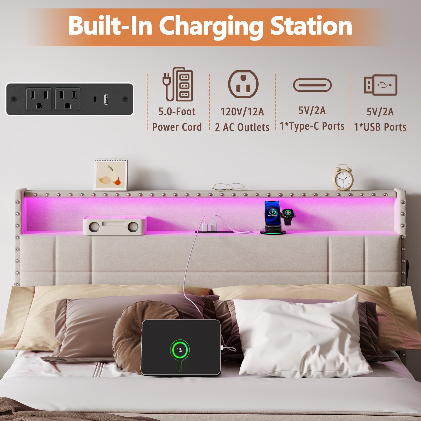Satifur Queen Bed Frame with Charging Station, Queen Upholstered Rivet Storage Headboard Platform Beds, Noise-Free, Easy Assembly, Beige