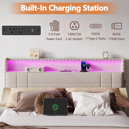 Satifur Queen Bed Frame with Charging Station, Queen Upholstered Rivet Storage Headboard Platform Beds, Noise-Free, Easy Assembly, Beige