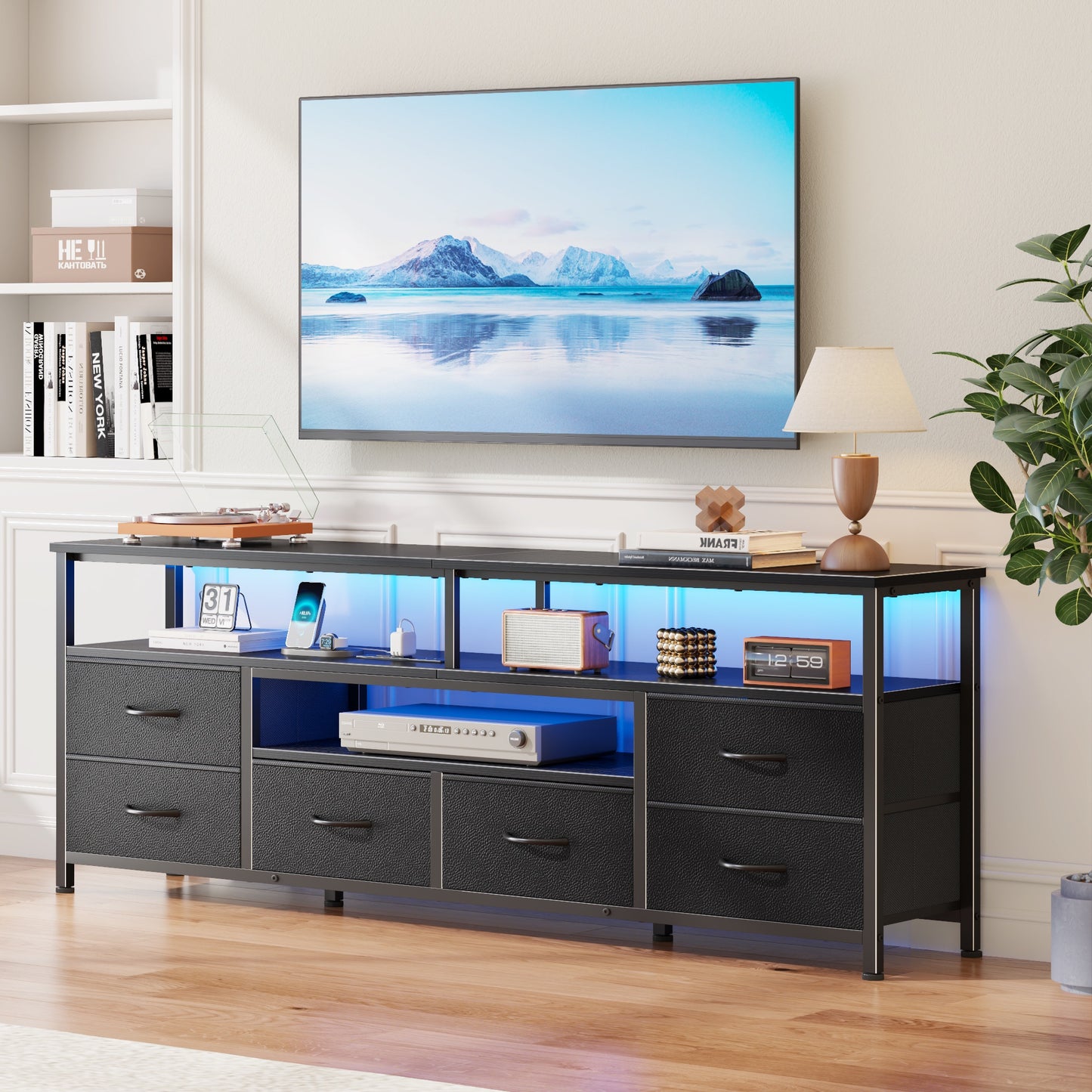 Tydimor 63 Inch TV Stand with LED Lights & Charging Power Station, 6 Fabric Drawer Dresser, Multifunctional Media Console, Sideboard Storage Cabinet, Entryway Hallway Table Fits 32-70 Inch TV, Black