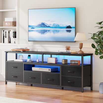 Tydimor 63 Inch TV Stand with LED Lights & Charging Power Station, 6 Fabric Drawer Dresser, Multifunctional Media Console, Sideboard Storage Cabinet, Entryway Hallway Table Fits 32-70 Inch TV, Black