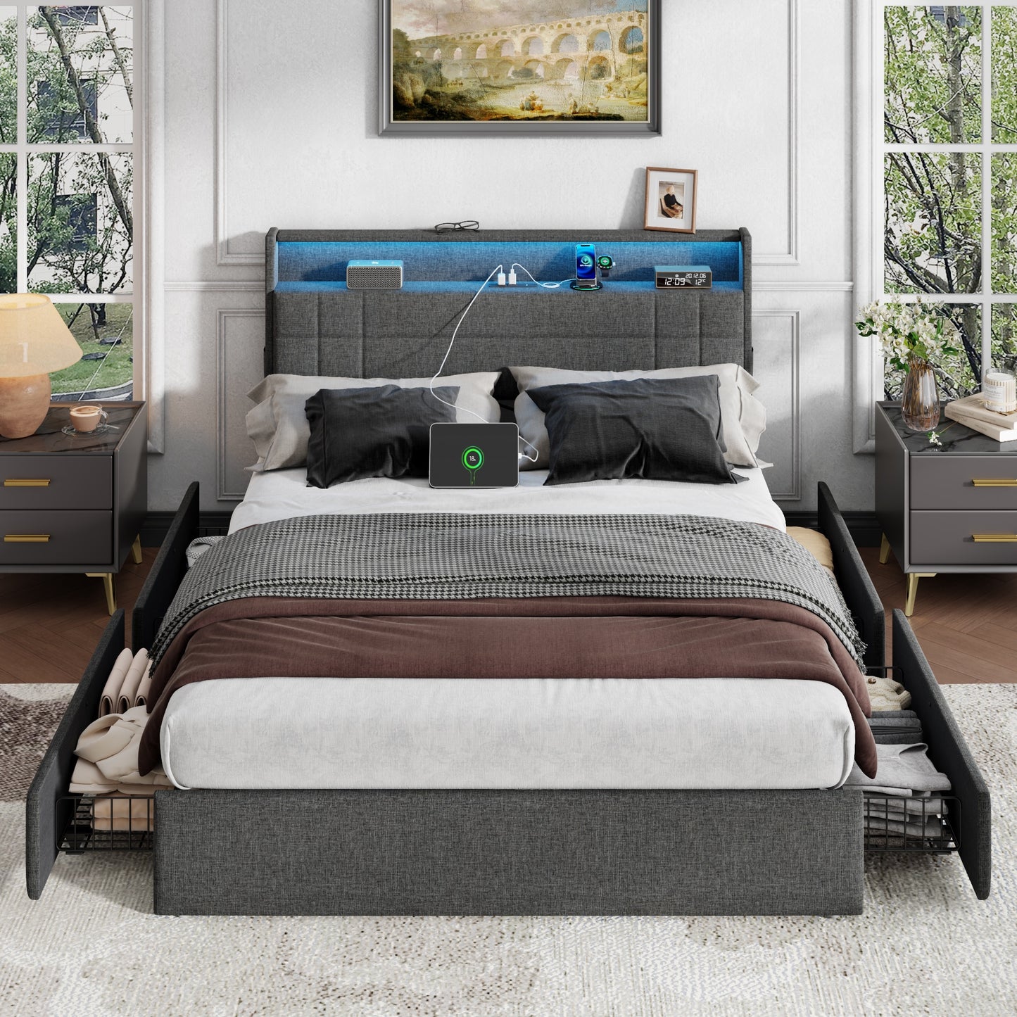 Satifur Queen Bed Frame with Charging Station, Queen Upholstered Rivet Storage Headboard Platform Beds, Noise-Free, Easy Assembly, Dark Grey