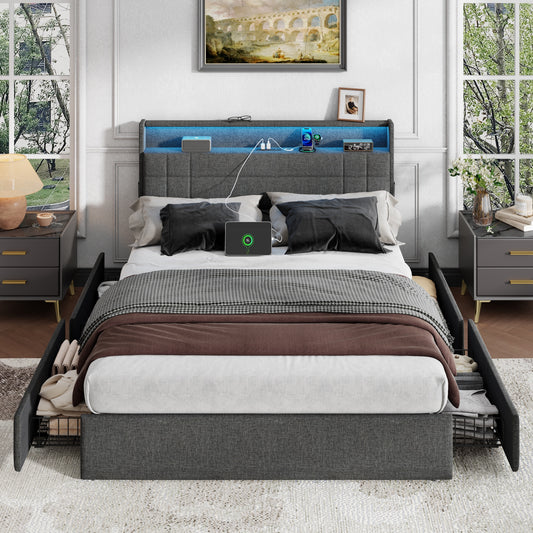 Satifur Queen Bed Frame with Charging Station, Queen Upholstered Rivet Storage Headboard Platform Beds, Noise-Free, Easy Assembly, Dark Grey