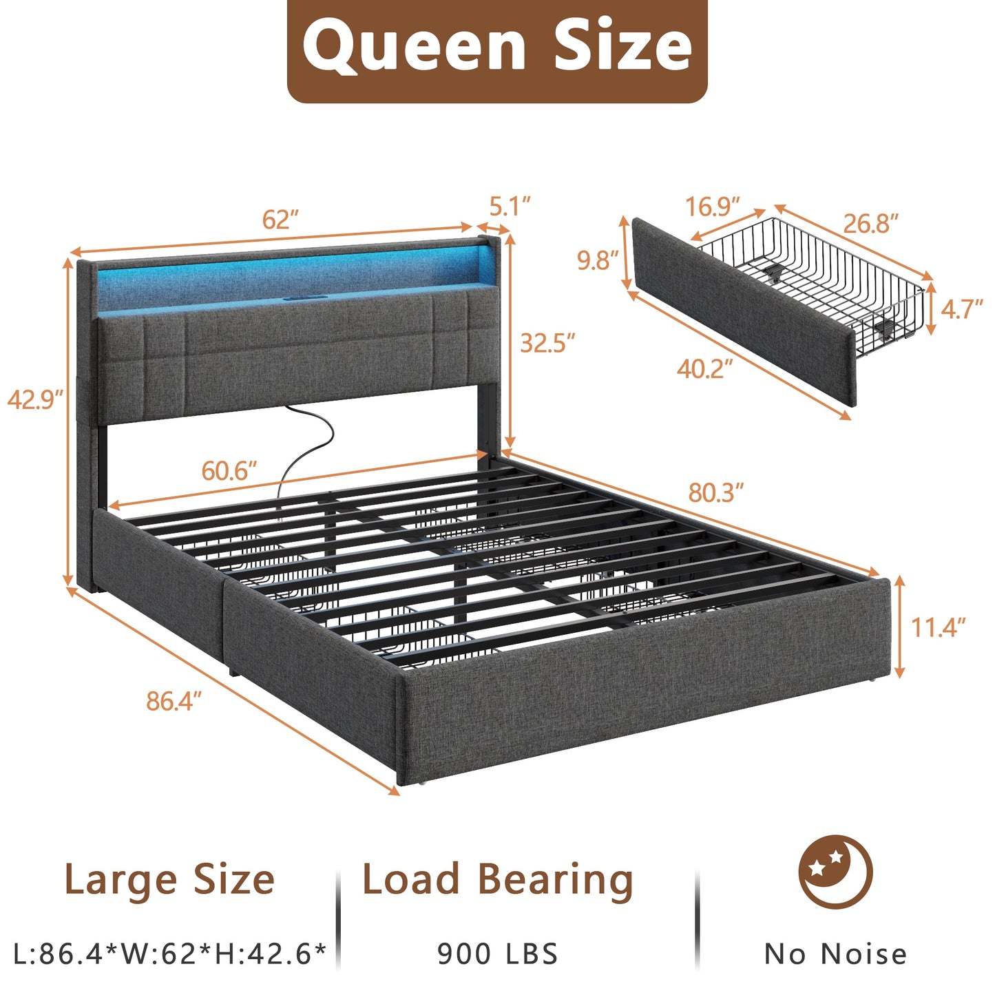 Satifur Queen Bed Frame with Charging Station, Queen Upholstered Rivet Storage Headboard Platform Beds, Noise-Free, Easy Assembly, Dark Grey